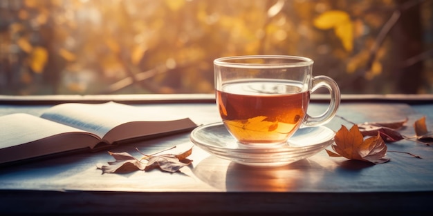 写真 暖かいお茶の秋のカップ オープンブックと木製のテーブルの上に落ちた秋の葉