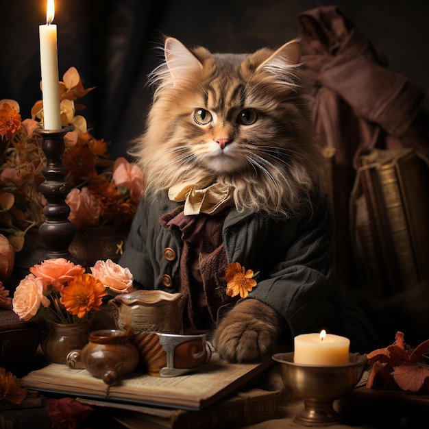 Autumn tea party with cake and cat Thanksgiving