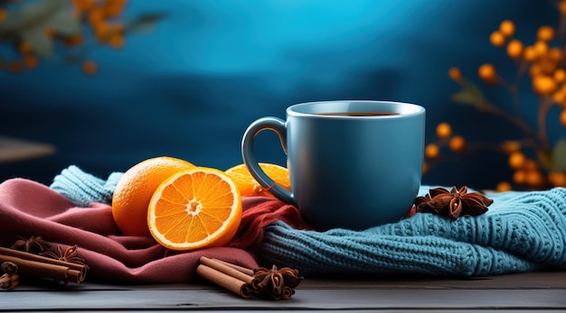 가을의 차 시간 파란 스카프에 뜨거운 차 한 잔, 활기찬 오렌지 잎으로 둘러싸여