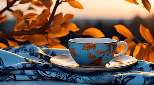 Autumn Tea Time A Warm Cup of Tea on a Blue Scarf Surrounded by Vibrant Orange Leaves