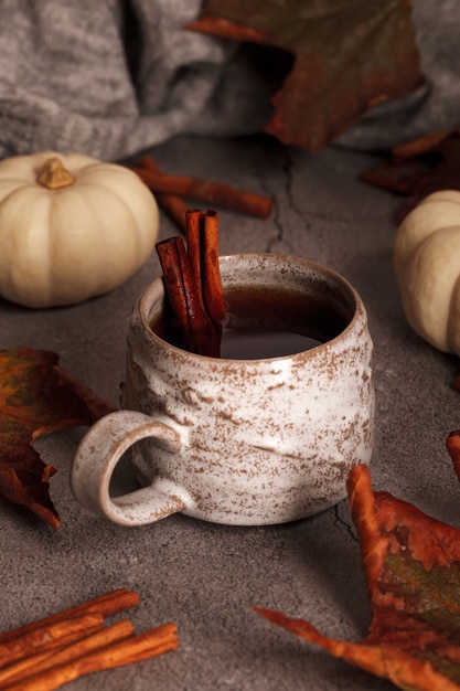 シナモンと秋のお茶。秋のシーンのお茶。紅葉とカボチャ