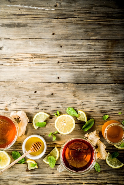 Autumn tea with mint and lemon with ingredients