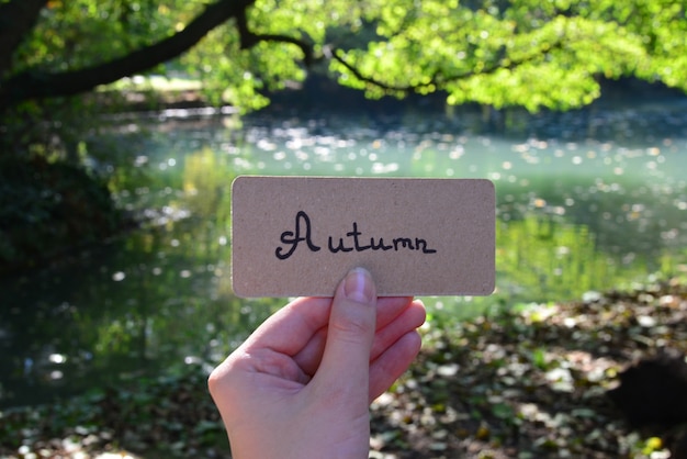 Autumn text on a card  Girl holding card in autumn park in sunny rays