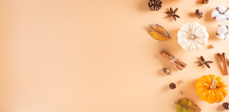 Autumn and Thanksgiving background decoration from dry leaves,red berries and pumpkin on pastel background.