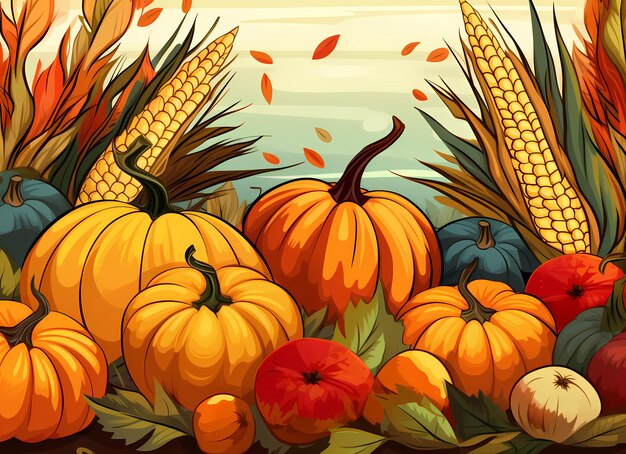 Autumn Thanksgiving pumpkin corn vector illustration poster banner background