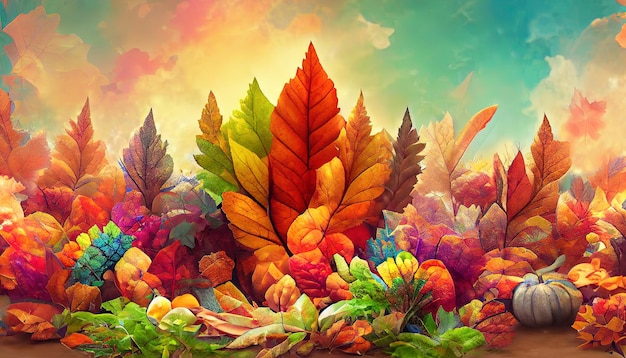 Autumn and thanksgiving wallpaper background with colourful leaves and rainbow