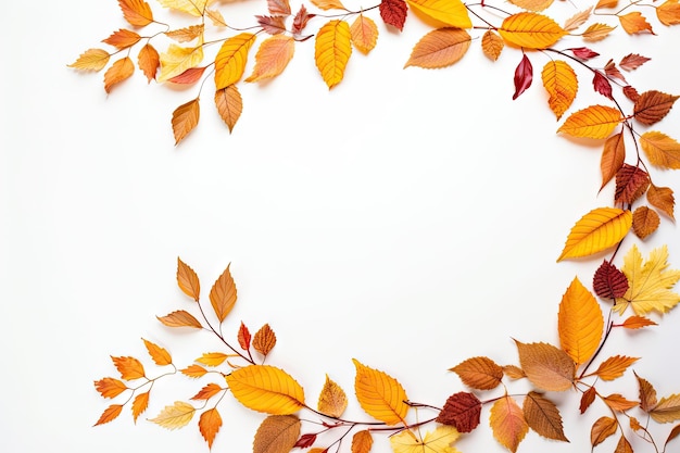 Осенняя тема рамка из сушеных листьев на белом Концепция осени и Дня Благодарения Плоская планировка, вид сверху, пустое пространство