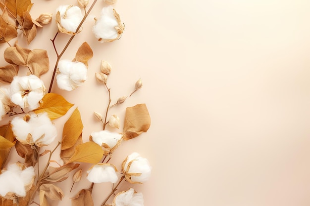 ベージュの背景に綿の金色の葉が飛んでいる秋のテーマ f と創造的なフラワーアレンジメント