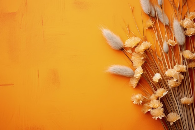 Autumn themed arrangement of dried flowers on orange backdrop with room for text Thanksgiving card o