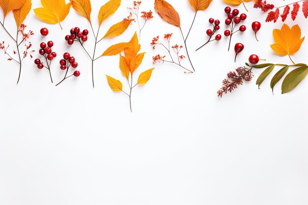 Autumn themed arrangement of flora and foliage on white backdrop