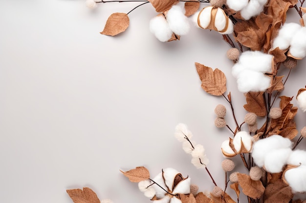 Autumn themed arrangement with cotton flowers and dried maple leaves on a soft gray backdrop Flat la