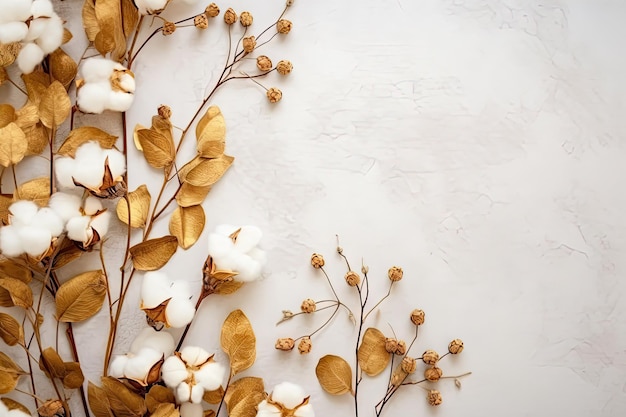 Autumn themed arrangement with eucalyptus branches cotton flowers dried leaves on a pastel gray back