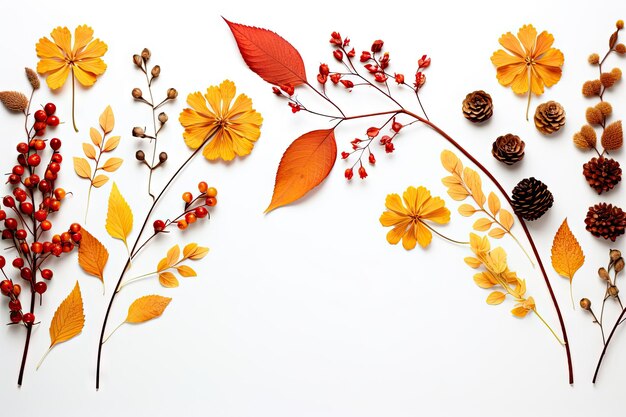 Photo autumn themed artistic arrangement composed of dried nature elements on a white backdrop symbolizing