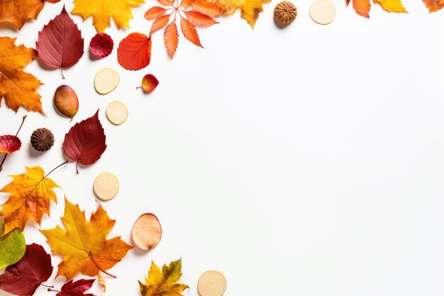 Autumn themed composition with leaves top view flat lay copy space background for fall nature season