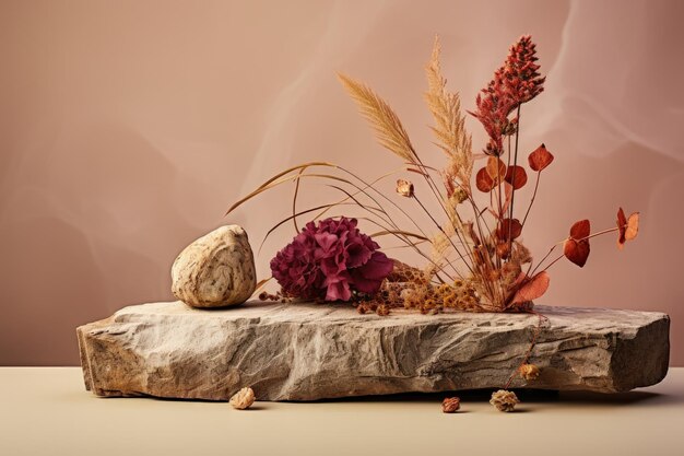 ベージュ色の背景に乾燥した花と赤い石を特徴とする秋のテーマの装飾