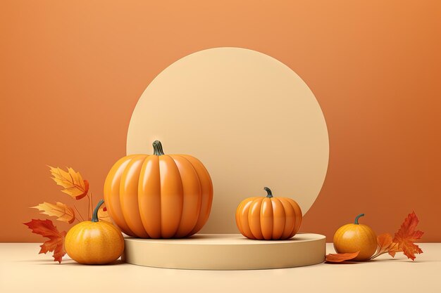 Photo autumn themed display featuring pumpkins and berries on a stylish pedestal or stand for advertising