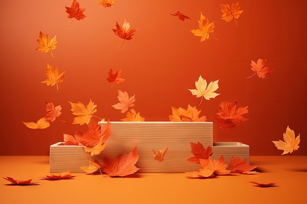 Autumn themed holidays mockup with wooden podium falling maple leaves and cosmetics display