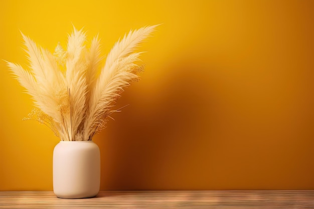 Autumn themed mockup with yellow pedestal pampas grass and copy space on brown or yellow background