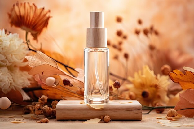 Autumn themed natural skincare presentation with a glass dropper bottle containing dry flowers and l