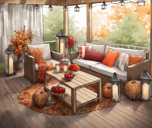 An autumn themed patio with cozy blankets and comfort