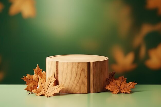 Autumn themed stage display featuring a precious wooden box cylindrical podium and maple leaf branch