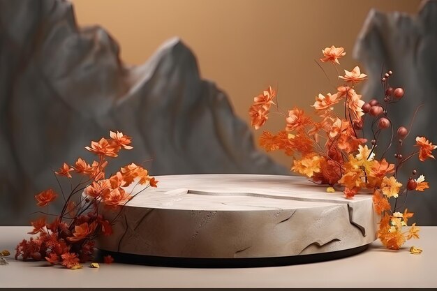 Autumn themed stand displaying orange flowers and leaves on a stone pedestal with empty space for te