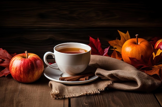 Autumn themed tea cup harvest decor pumpkin apples on board Overhead view Thanksgiving arrangement