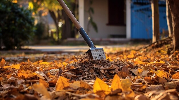 Осенняя уборка, очистка опавших листьев перед домом.