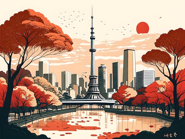 Autumn tokyo city hand drawn