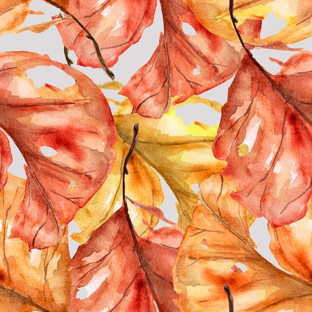 Autumn torn leaves watercolor seamless pattern