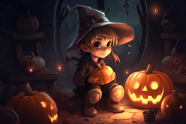 Autumn traditional holiday halloween cute little kid in magic hat sitting with pumpkins Cartoon illustration of Generative AI