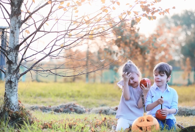 Autumn traditions and preparations for the holiday Halloween. A house in nature, a lamp made of pumpkins is cutting out at the table.