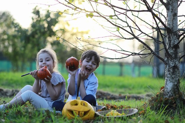 Autumn traditions and preparations for the holiday Halloween. A house in nature, a lamp made of pumpkins is cutting out at the table.