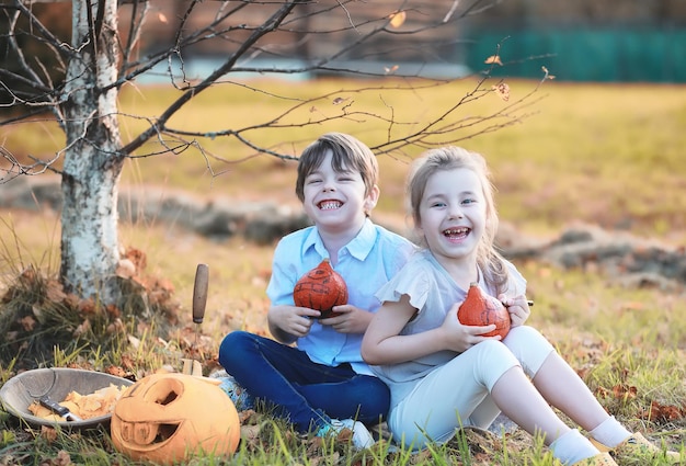 Autumn traditions and preparations for the holiday Halloween. A house in nature, a lamp made of pumpkins is cutting out at the table.