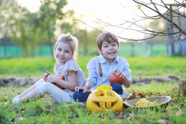 Autumn traditions and preparations for the holiday Halloween. A house in nature, a lamp made of pumpkins is cutting out at the table.