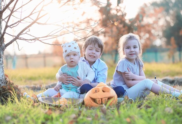 秋の伝統と休日のハロウィーンの準備。自然の中の家、カボチャで作られたランプがテーブルで切り取られています。