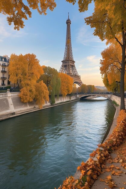 Autumn Tranquility Seine River and Eiffel Tower Embrace Fall Beauty