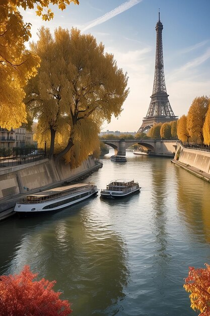 Autumn Tranquility Seine River and Eiffel Tower Embrace Fall Beauty