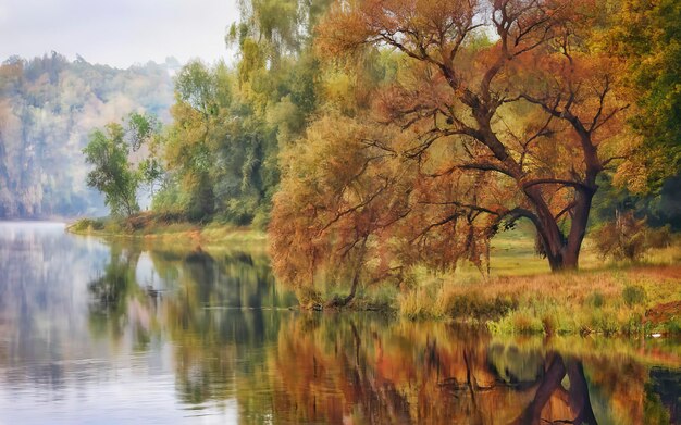 Осеннее дерево у пруда Мистический утренний осенний пейзаж с туманом над озером