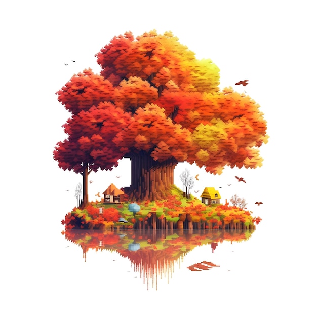 Autumn tree composition in pixel art style on a white background Generative AI
