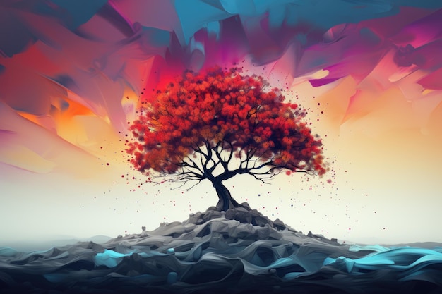 Autumn tree on the island 3D illustration Nature background tree digital abstract illustration AI Generated