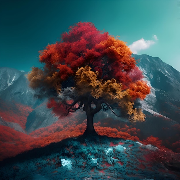 Осеннее дерево в горах 3D иллюстрация Фэнтези