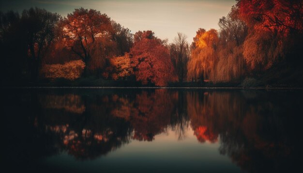 Photo autumn tree reflects vibrant colors in tranquil forest landscape generated by artificial intelligence