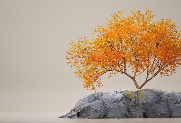 Autumn tree and rock isolated on blue background Minimal concept with copy space 3d rendering 3d