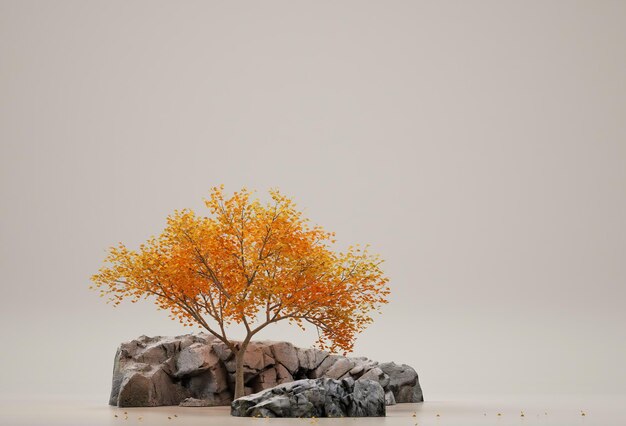 Autumn tree and rock isolated on blue background Minimal concept with copy space 3d rendering 3d