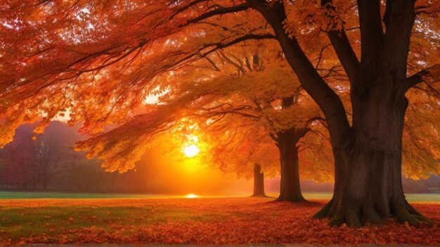 Photo autumn tree and sun during sunset fall in park image by ai