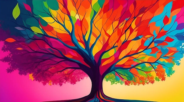 Autumn tree with colorful leaves on colorful background illustration