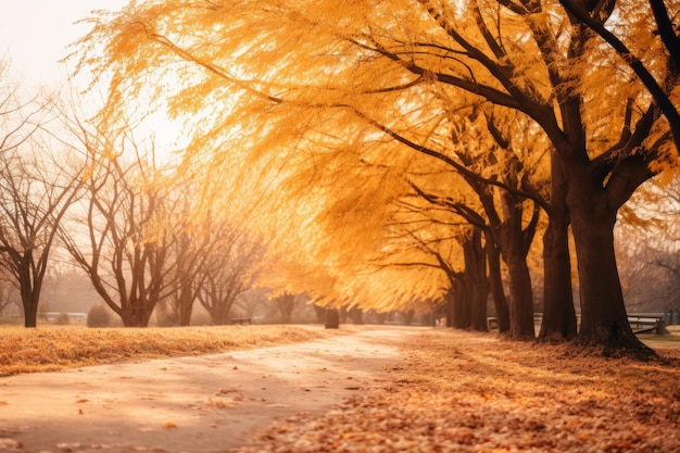 写真 黄色い葉が並ぶ小道のある公園の秋の木々