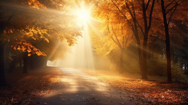 秋の木や葉が日光に照らされる 創造的なAI