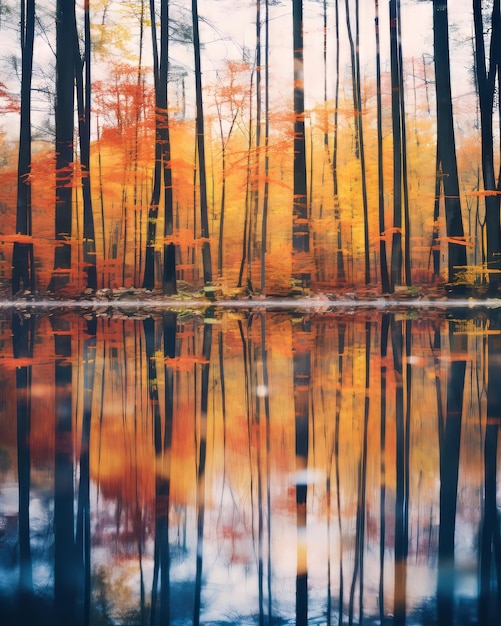 autumn trees reflected in water in a forest